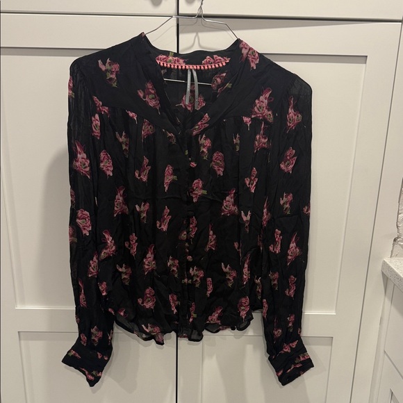 Anthropologie Tops - Anthropologie Black Blouse with Pink Floral Pattern